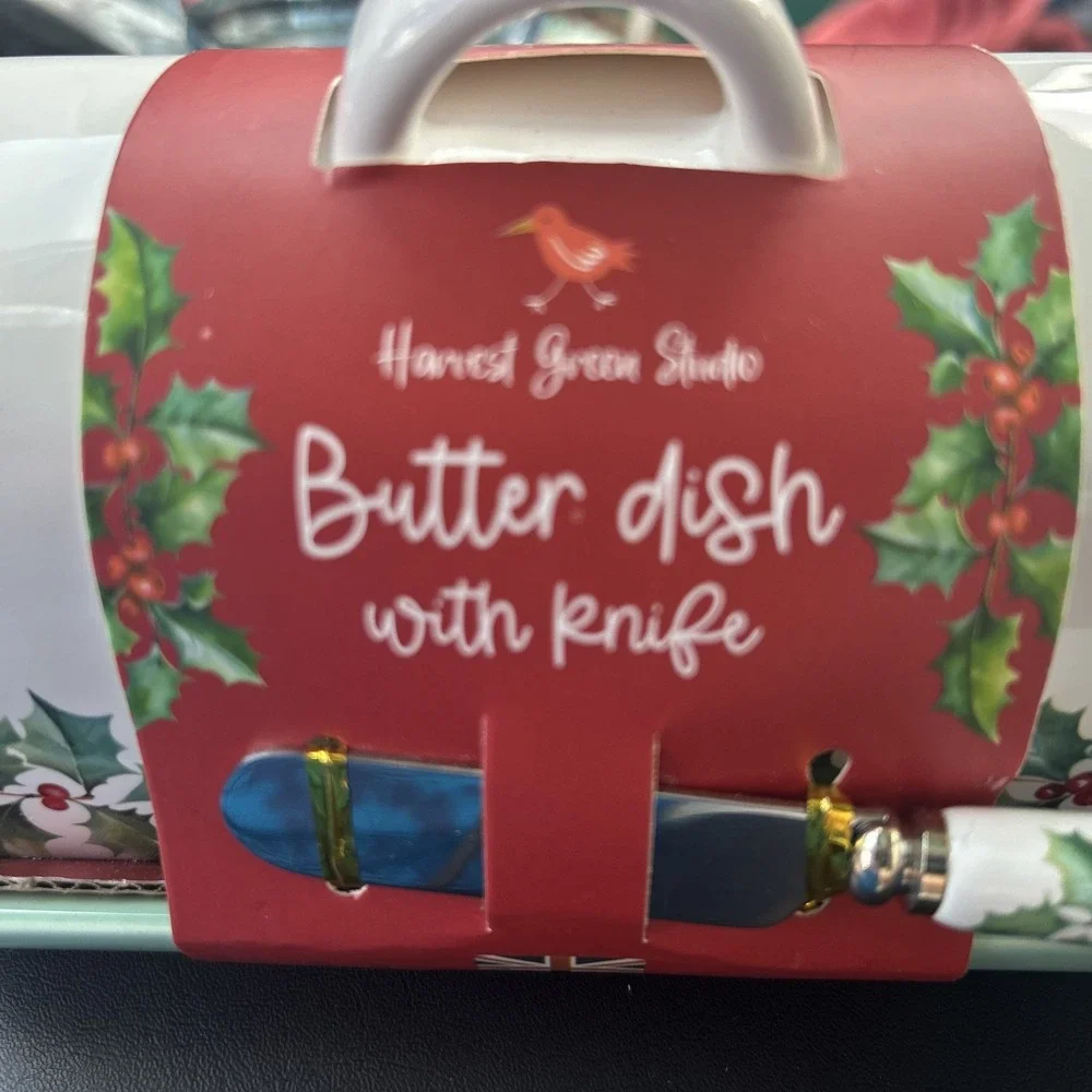 Christmas Holly Butter Dish With Knife Harvest Green Studio Designed In England